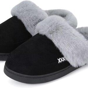Women's Men's Suede Fuzzy Slippers Faux Fur Lined Indoor Outdoor Shoes